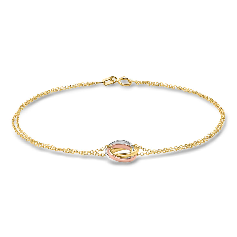 Tri-color 14kt gold rolling circle bracelet with oval center link