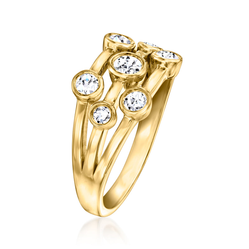 Gold over sterling diamond ring with multi-row bezel-set round stones, angled side view