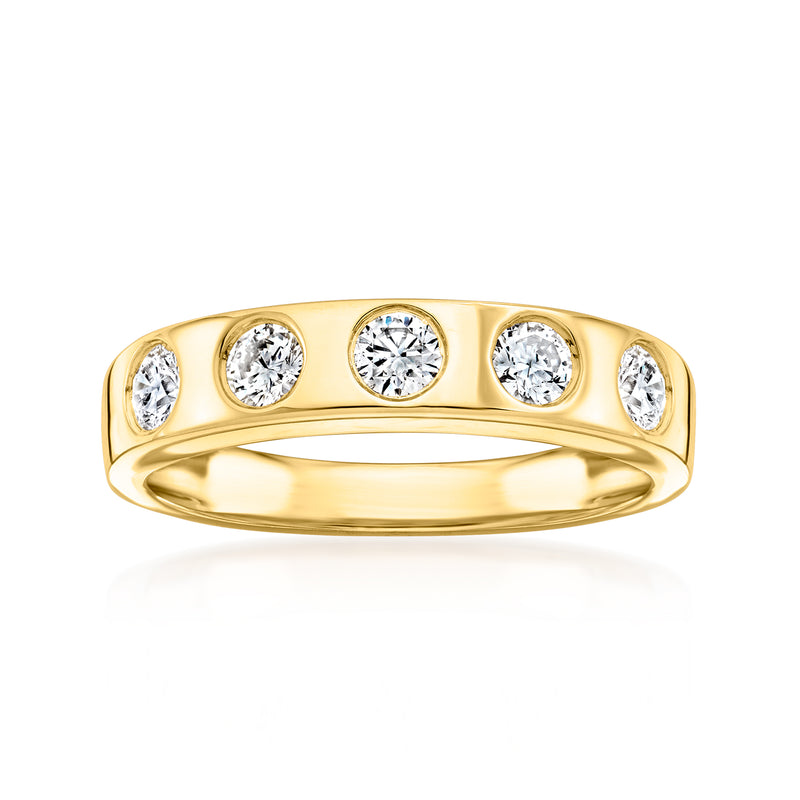 Five-stone diamond ring with polished 18kt gold over sterling band and round center stones