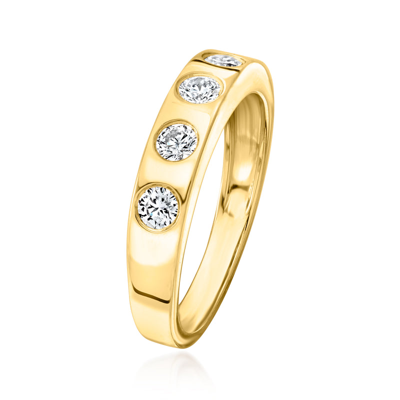 Side view of five round lab-grown diamond stones in a smooth 18kt gold over sterling band