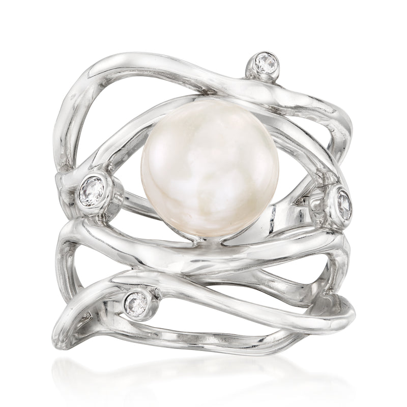 Sterling silver ring with large white cultured pearl and round CZ accents