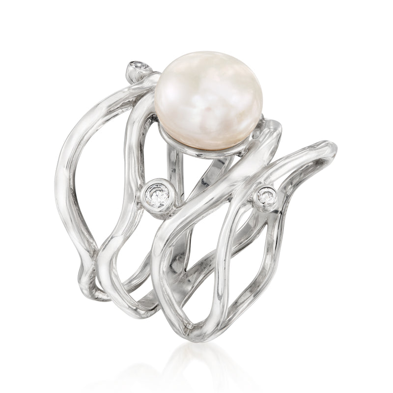 Sterling silver ring angled view with large white cultured pearl and round CZ accents