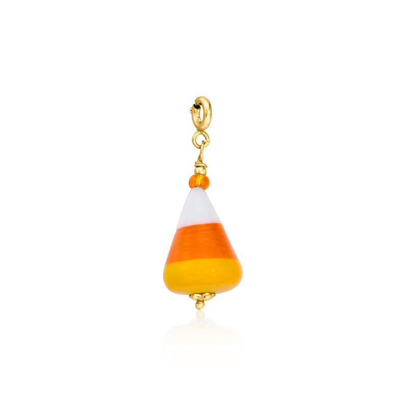 Orange-and-white candy corn Murano glass charm with gold-tone hanging loop