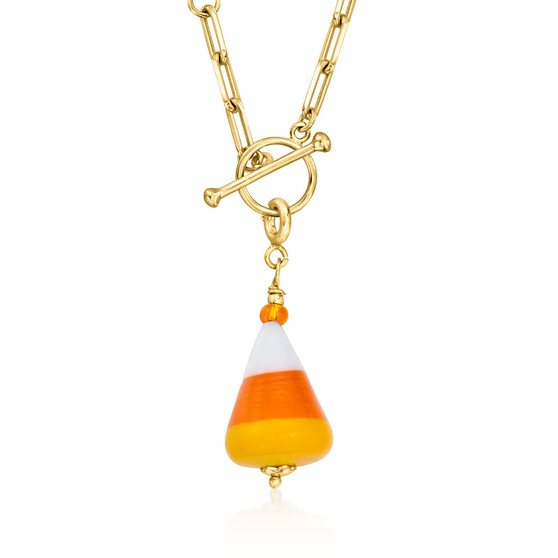 Gold-tone candy corn Murano glass charm with orange and white stripes and hanging loop