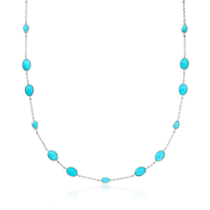Turquoise station necklace in sterling silver with oval turquoise links on a chain