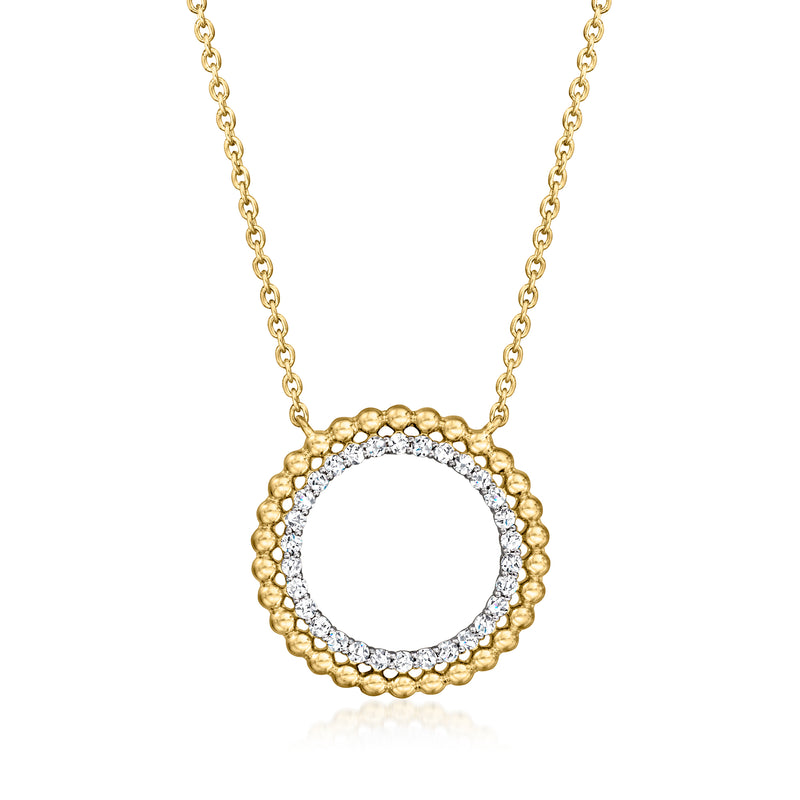 Gold over sterling circle pendant necklace with diamond halo and beaded edge