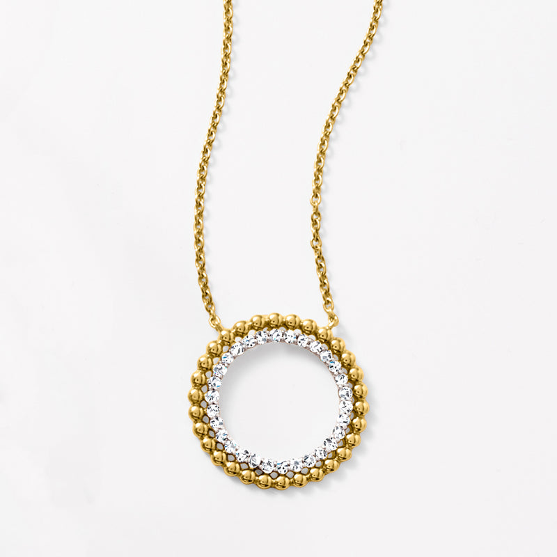 Gold over sterling circle pendant necklace with diamond halo and textured beaded rim