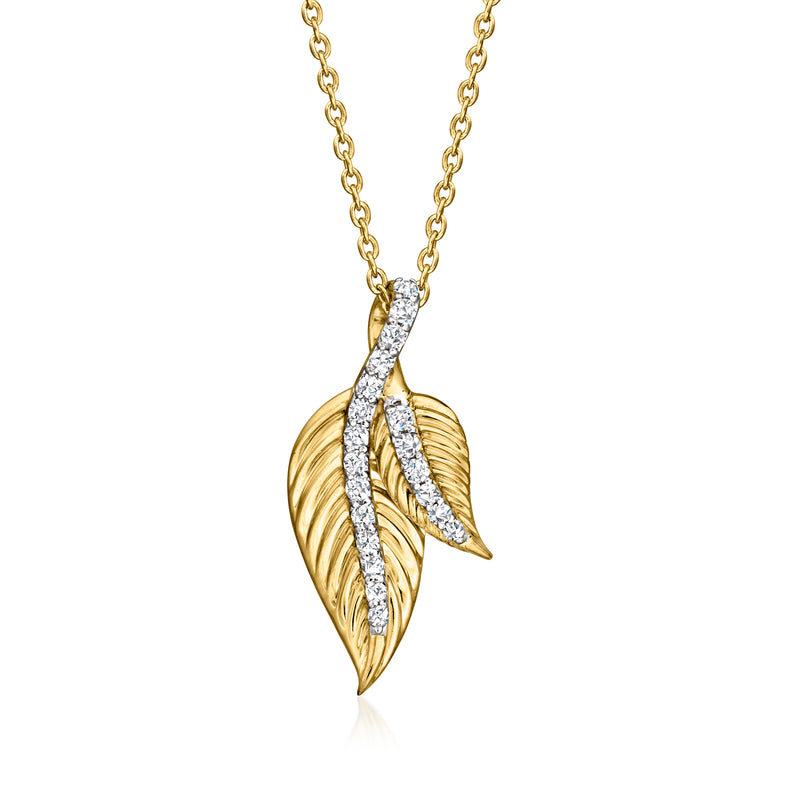 Gold double-leaf diamond pendant necklace with teardrop leaf detail