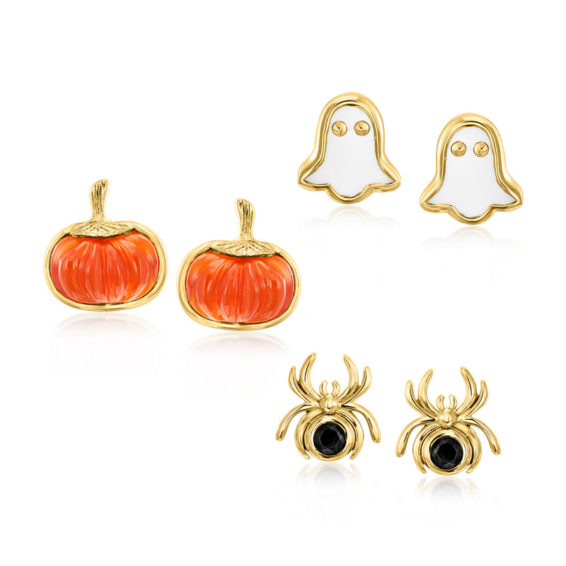 Halloween earrings set of gold-tone posts: orange pumpkin, white ghosts, black spider studs.