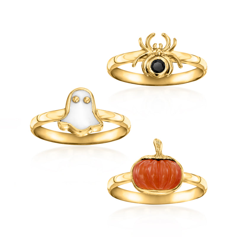 Gold-tone Halloween ring set of 3: spider, ghost, and pumpkin designs with dark stone