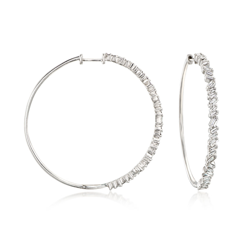 Sterling silver hoop earrings with baguette-cut diamond accents