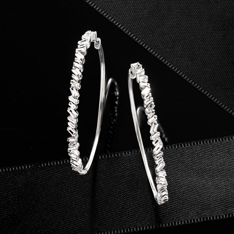 Sterling silver baguette diamond hoop, raised row of prong-set baguettes