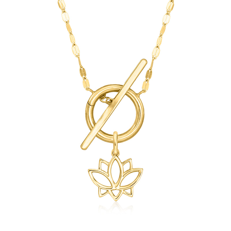 Gold necklace charm set: round hoop with diagonal bar and lotus flower charm