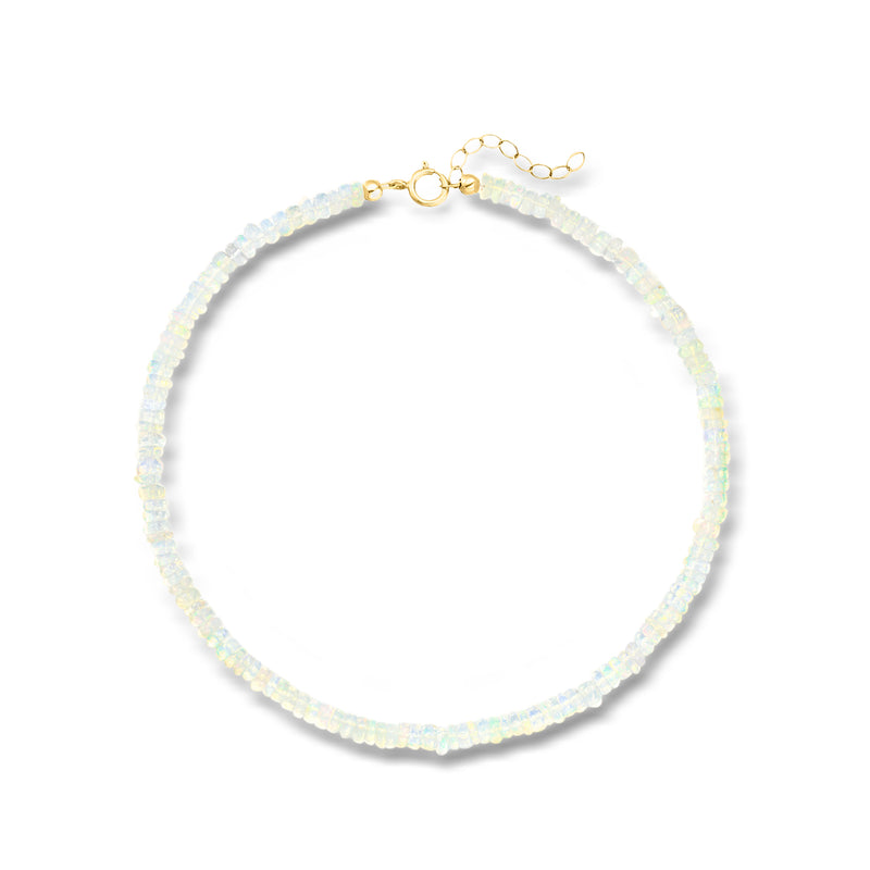 Opal bead anklet in 14kt yellow gold with round light iridescent beads