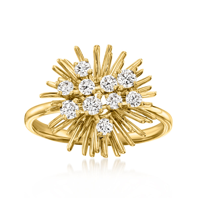 Gold sunburst diamond ring with clustered round stones in a radiant flower design