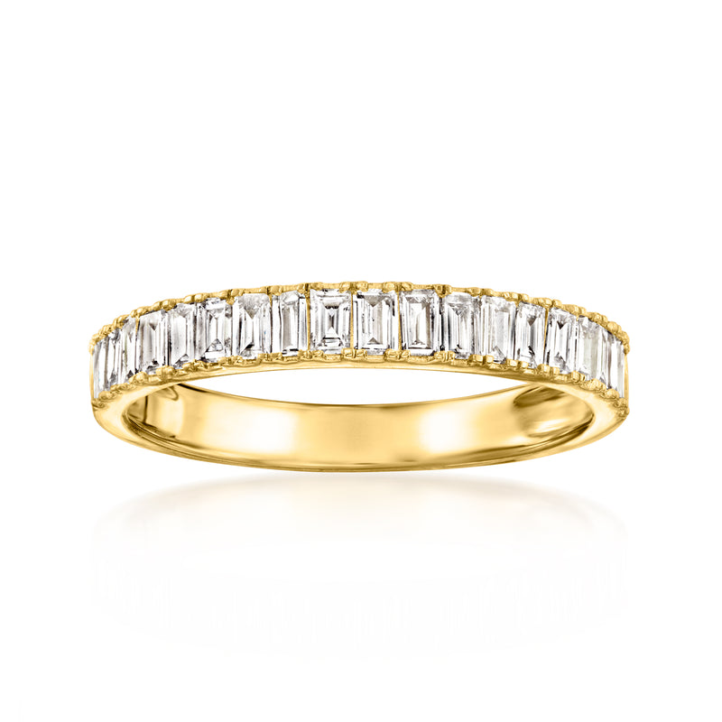 Gold eternity band with baguette-cut lab diamonds, full row setting, high shine.