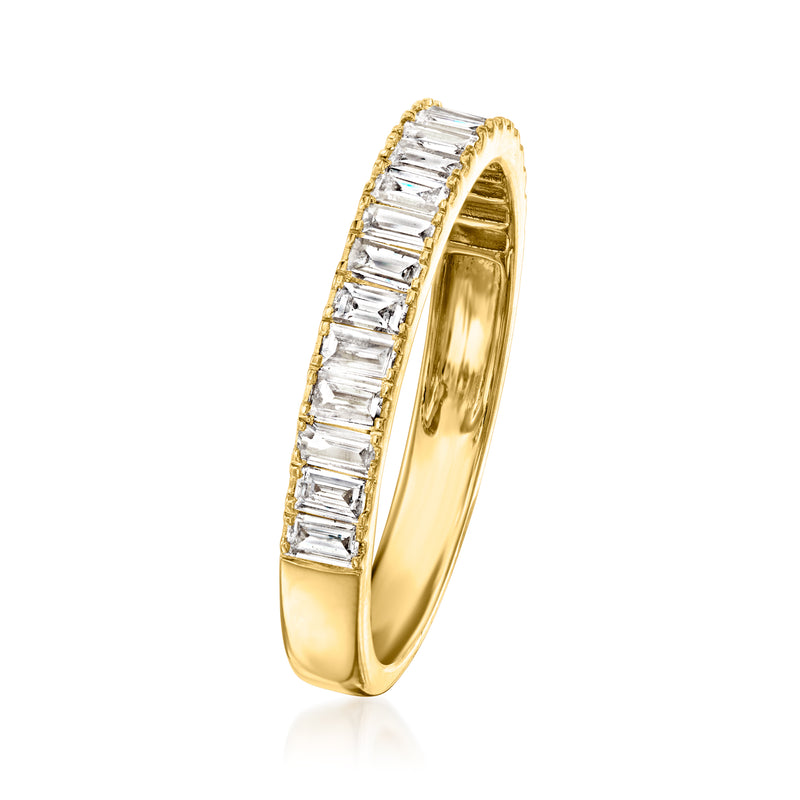18kt gold over sterling eternity band with baguette-cut diamond accents, side view.