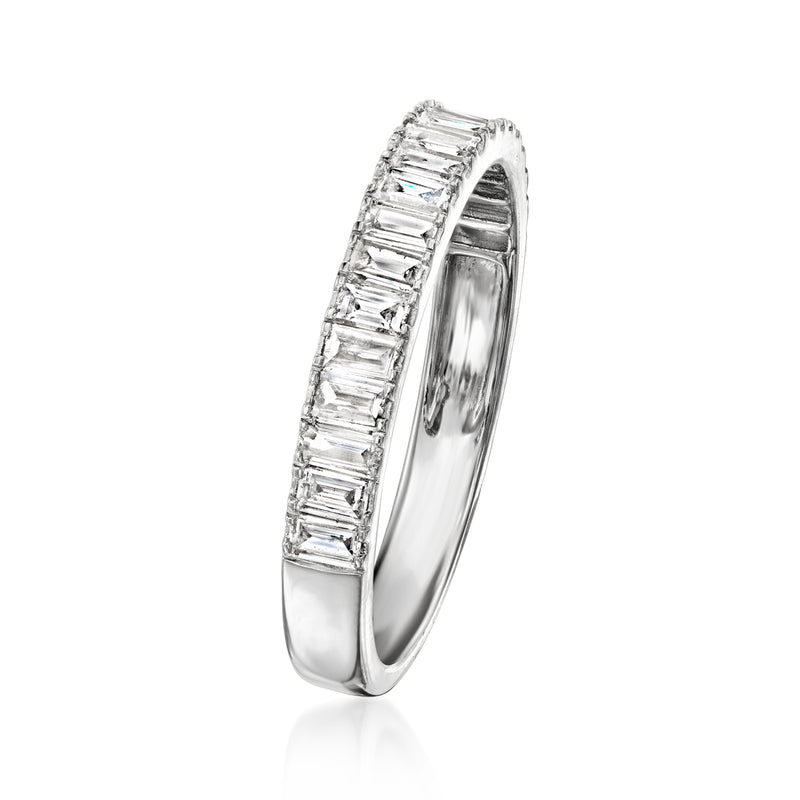 Sterling silver eternity band side view with baguette-cut lab-grown diamonds