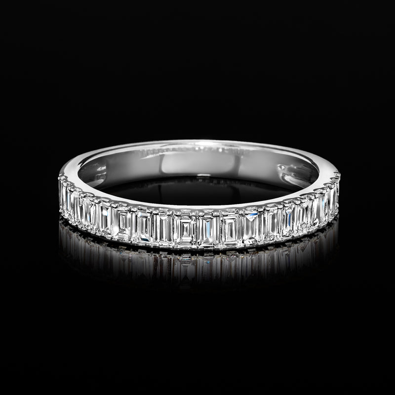 Baguette-cut lab-grown diamond eternity ring in sterling silver, top view