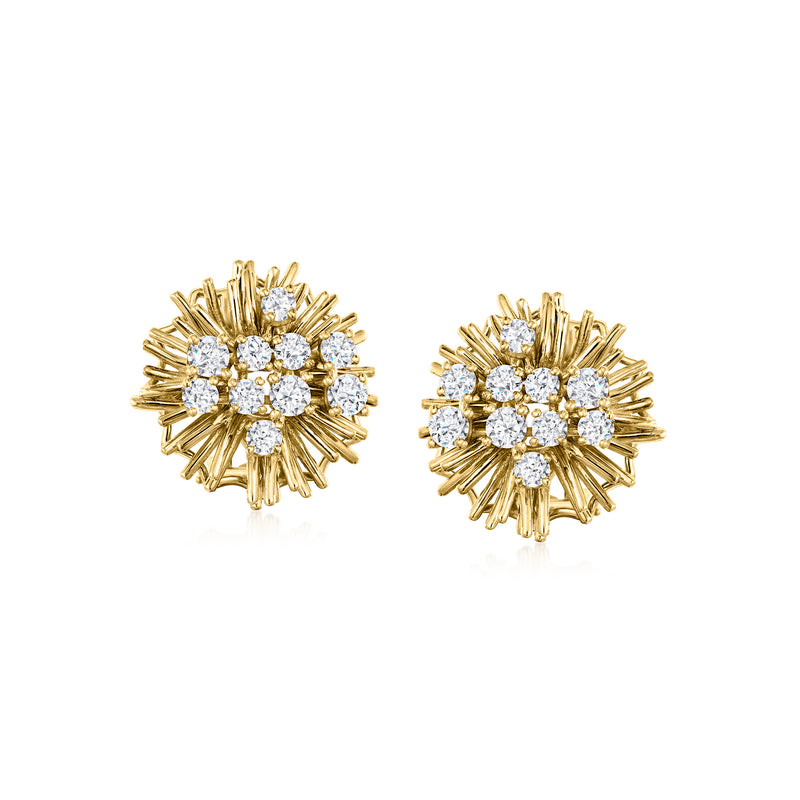 Sunburst diamond stud earrings in gold, round clusters with prong rays
