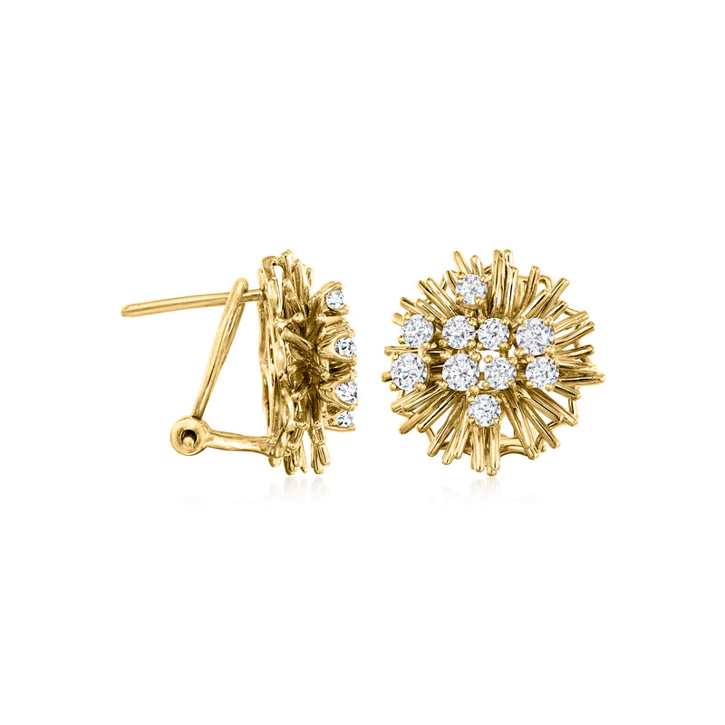 Gold sunburst diamond stud earrings, side view with push-post backing