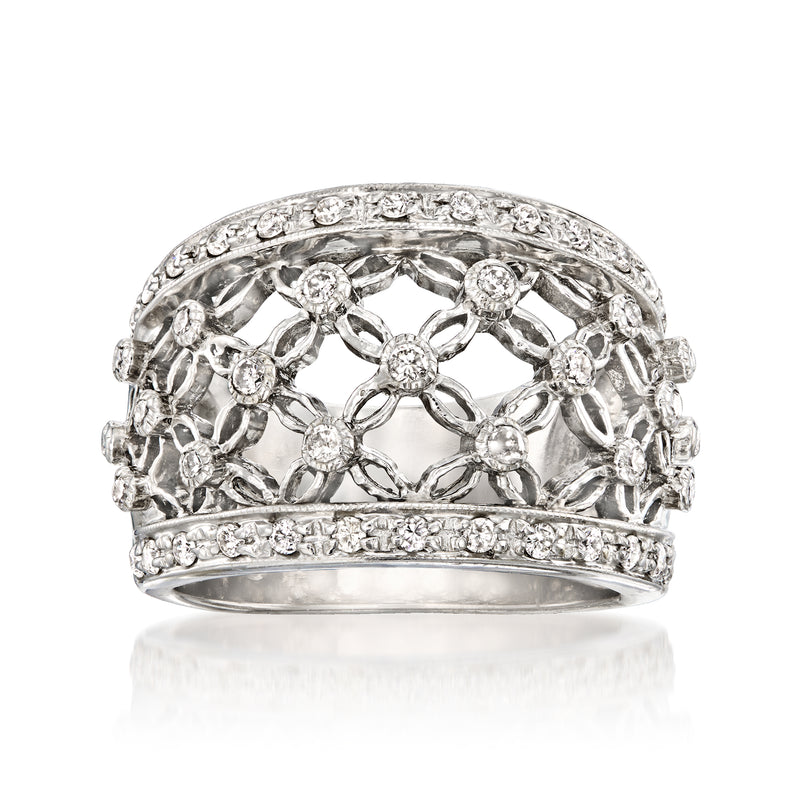 Vintage white gold openwork diamond ring with circular lattice and round stones