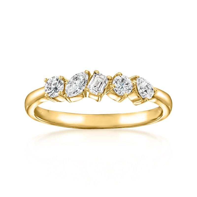 Gold ring with five multi-shape lab-grown diamonds in prong settings