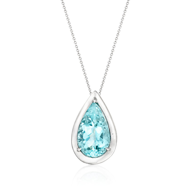 Vintage aquamarine pendant necklace, pear-cut teardrop gem in 14kt white gold.