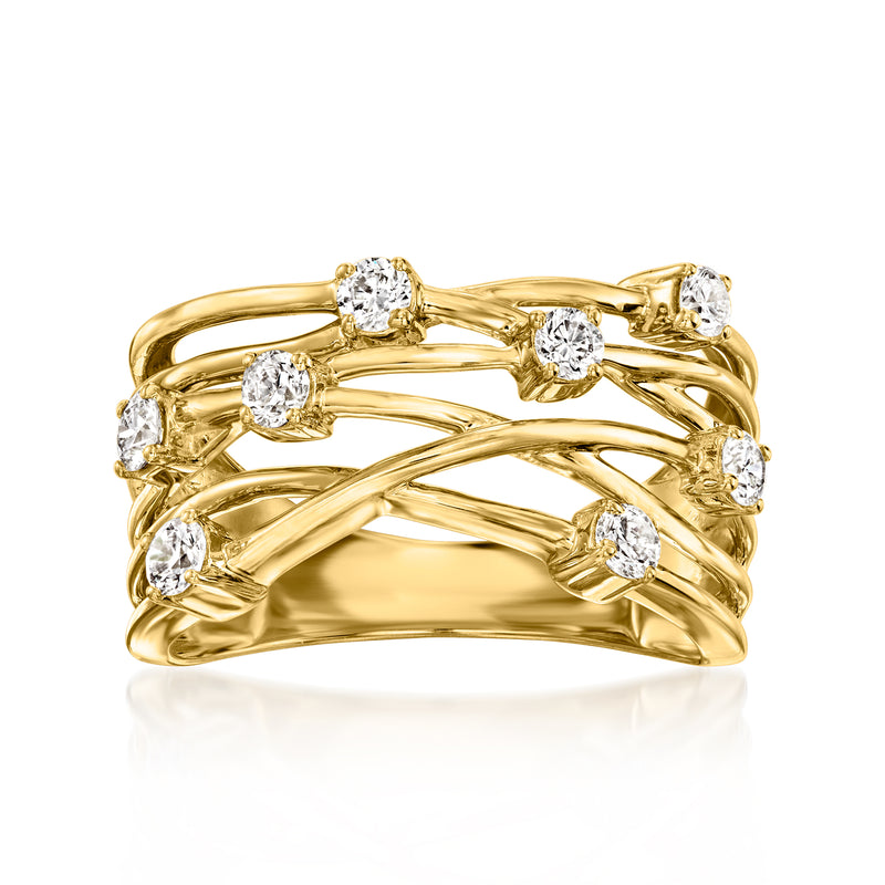 Gold highway diamond ring with five round stones in crisscross design