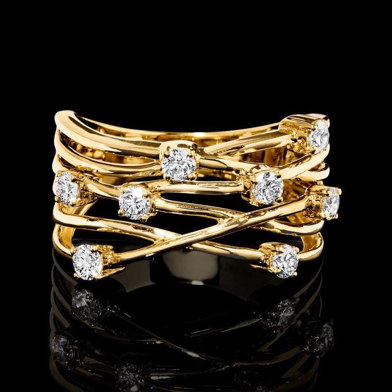 Gold multi-row highway ring with round diamond accents across crisscross bands