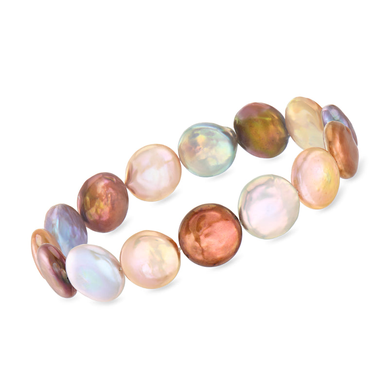Multicolored cultured coin pearl stretch bracelet with shimmering coin pearls