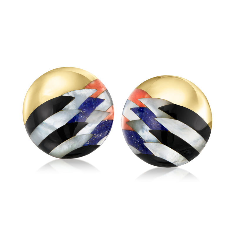 Vintage 14k yellow gold disc earrings with multi-gem inlay in blue, red, white, black