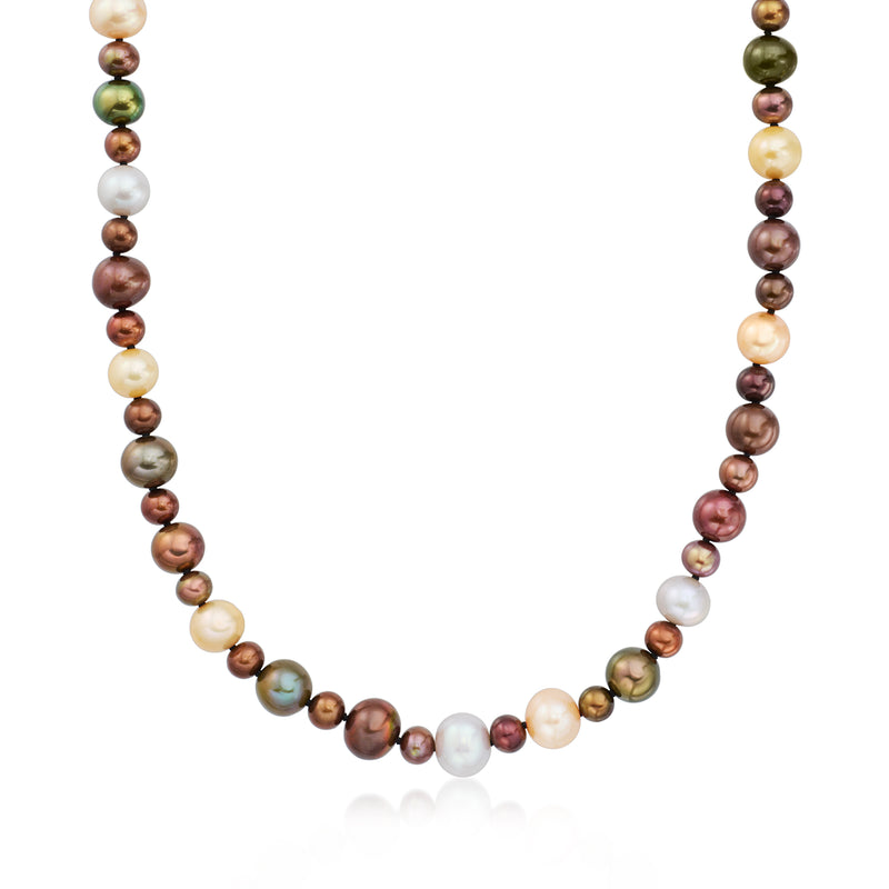 Multicolored cultured pearl necklace with round pearls and gold-toned links, full strand