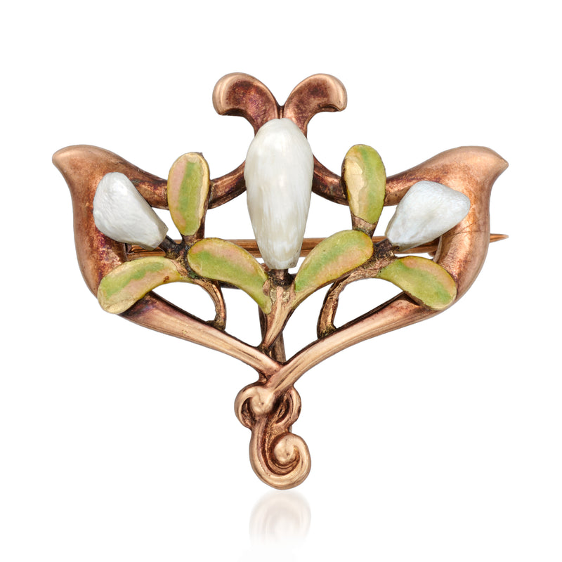 Rose gold tone baroque pin with white teardrop pearls and green enamel leaves