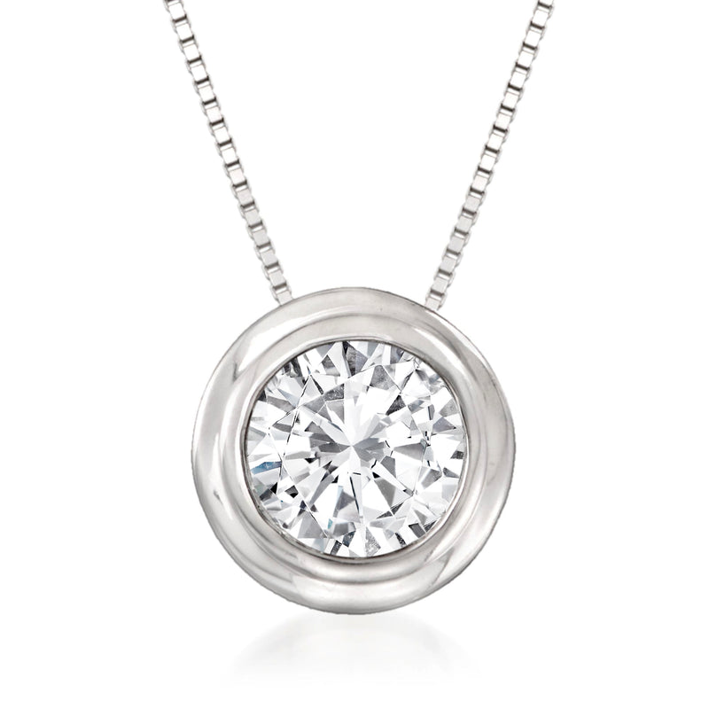 14kt white gold double bezel diamond solitaire necklace, round pendant with center stone