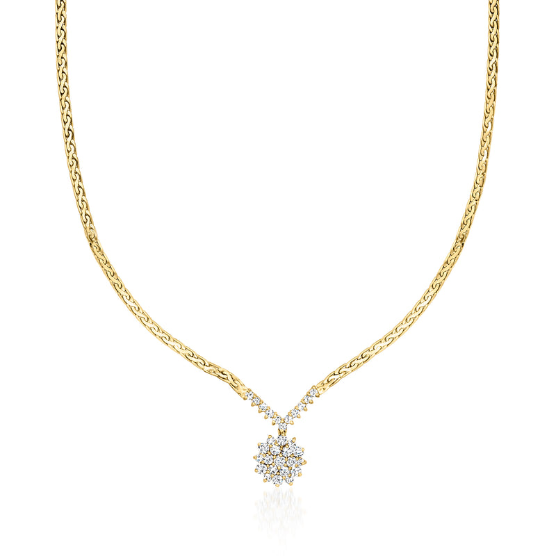 14kt yellow gold chain necklace with round diamond cluster pendant