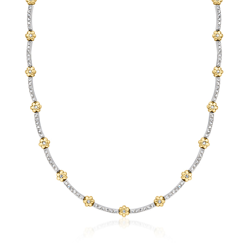 Two-tone gold diamond floral station necklace with round flower links