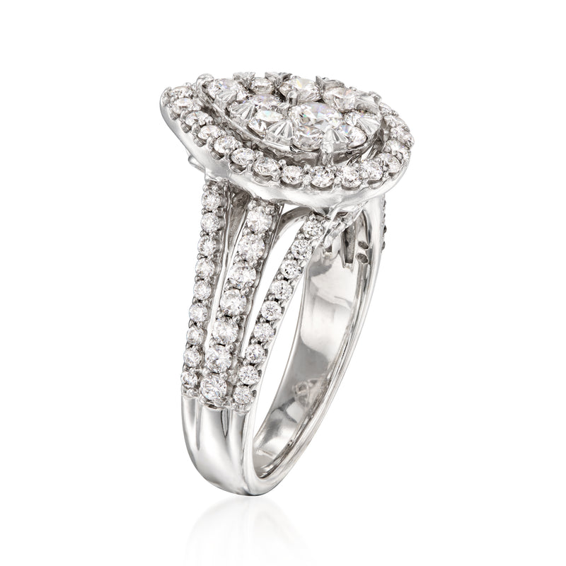 Diamond teardrop cluster ring in 14kt white gold with pavé band