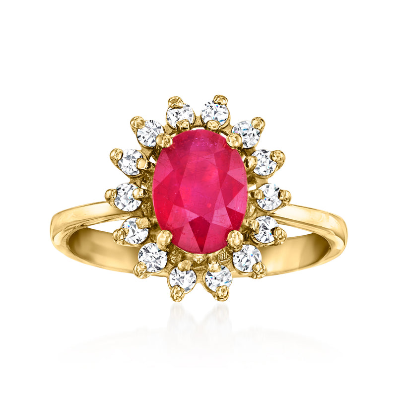 Vintage ruby and diamond ring, 14kt yellow gold with oval red center and round diamonds