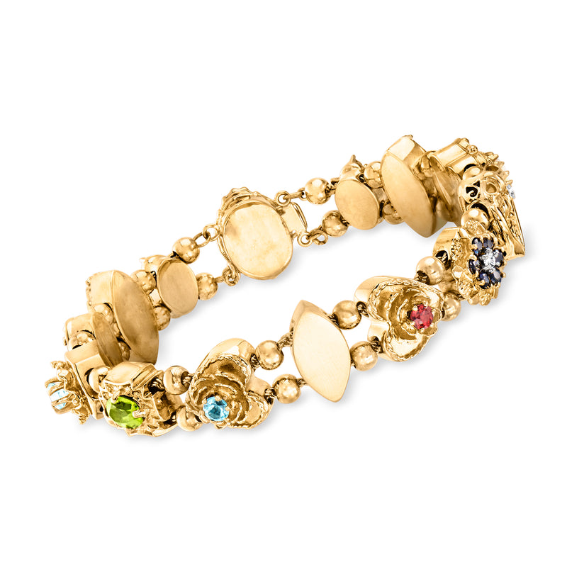 14kt yellow gold slide charm bracelet with oval multi-gemstone clusters and discs