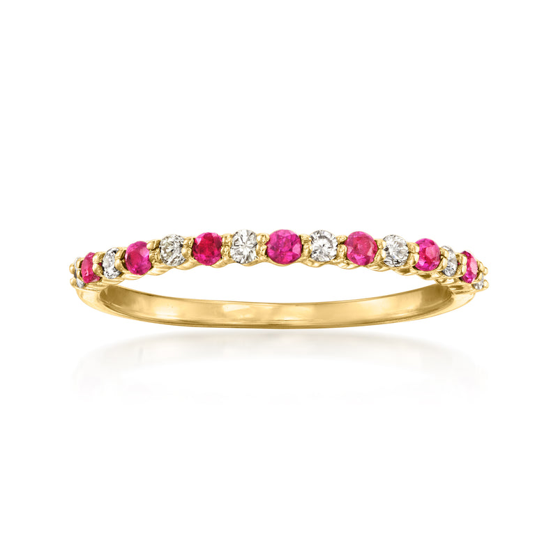 Vintage ruby and diamond ring in 14kt yellow gold, row of pink rubies and clear stones