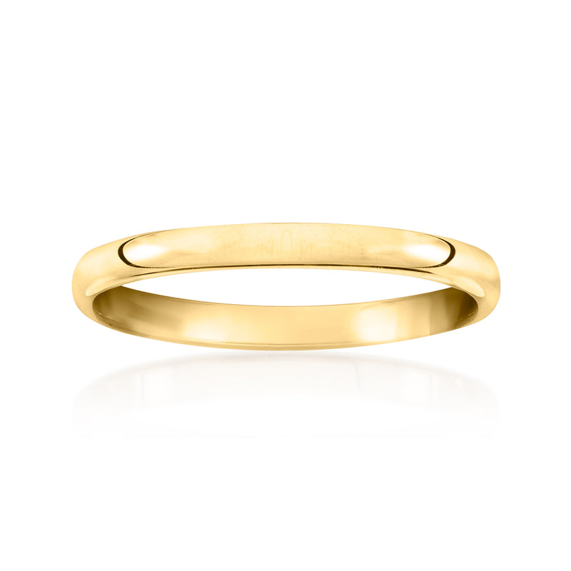 Slim 14kt yellow gold vintage ring band, smooth polished finish, side view