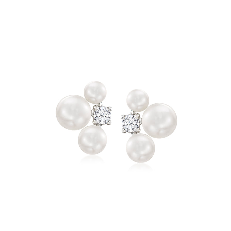 Sterling silver post earrings with 4 cultured pearls and a square lab-grown diamond