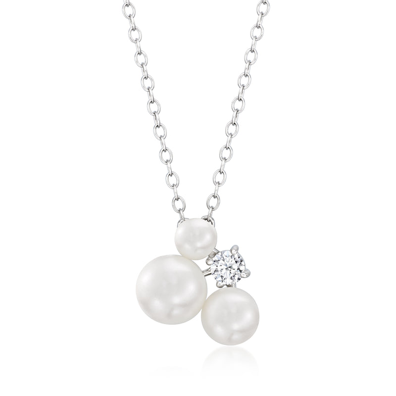 Sterling silver necklace with three white cultured pearls and round lab-grown diamond accent