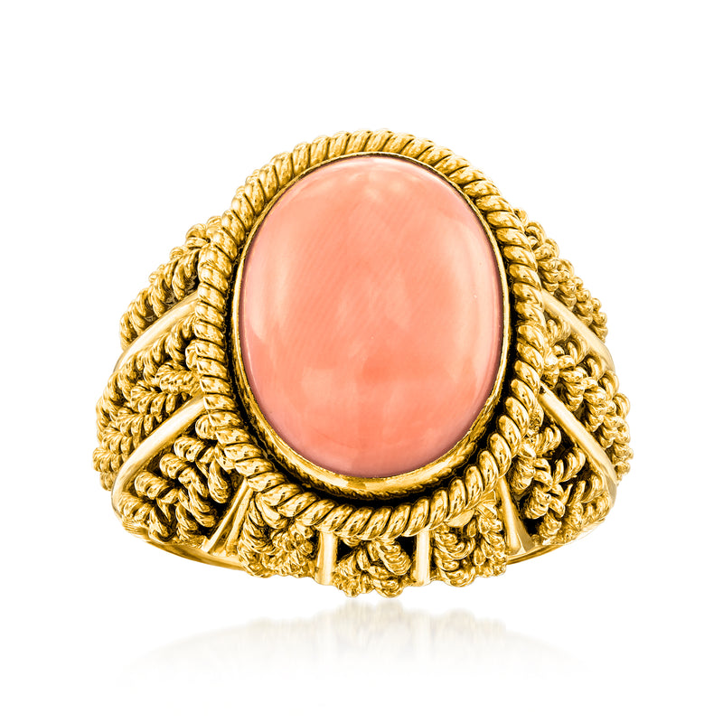 Vintage coral cabochon ring in 14kt yellow gold with braided bezel, size 6