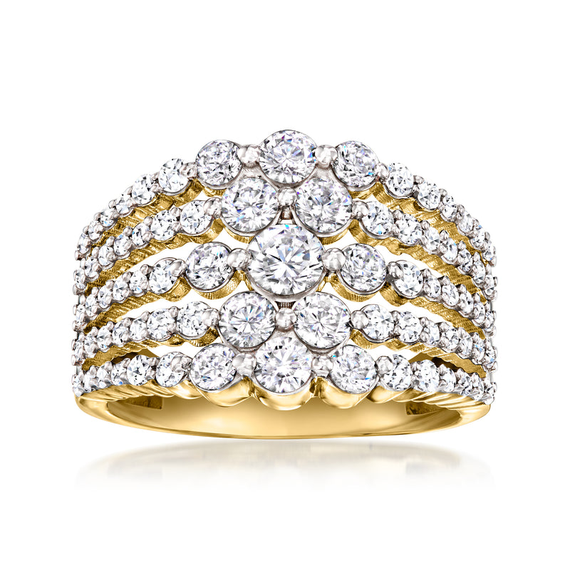Gold-tone multi-row CZ ring with round clear stones, scalloped bezel style
