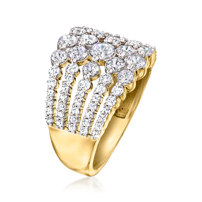Gold-tone CZ multi-row ring with round clear stones, slim band side view