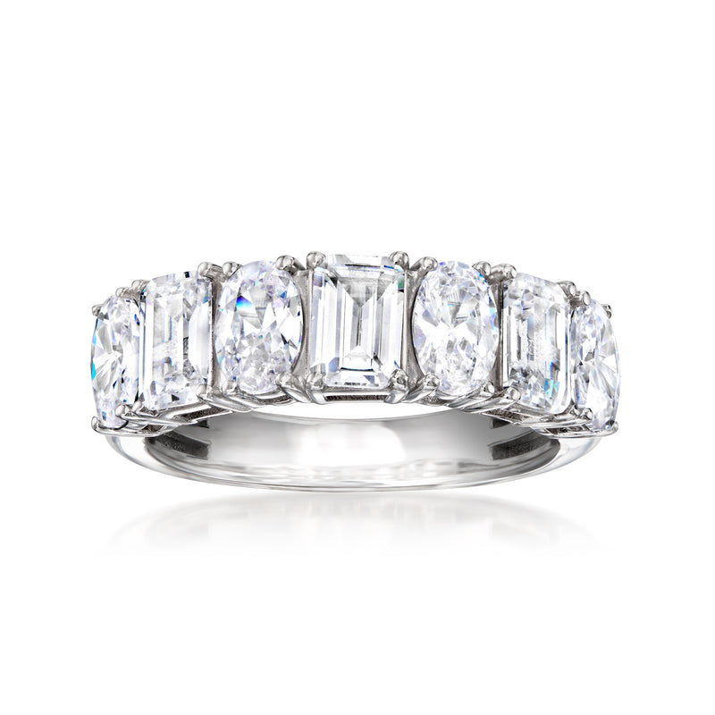 Sterling silver oval and emerald-cut CZ row ring, five clear stones.