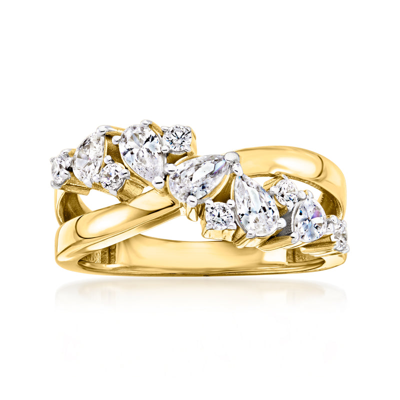 Gold over sterling crisscross ring with oval CZ stones, high-shine prongs