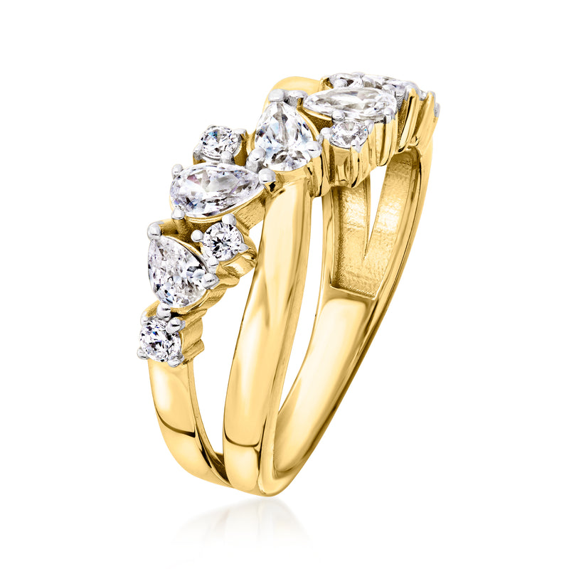 Gold over sterling crisscross CZ ring, side view showing stacked oval stone settings